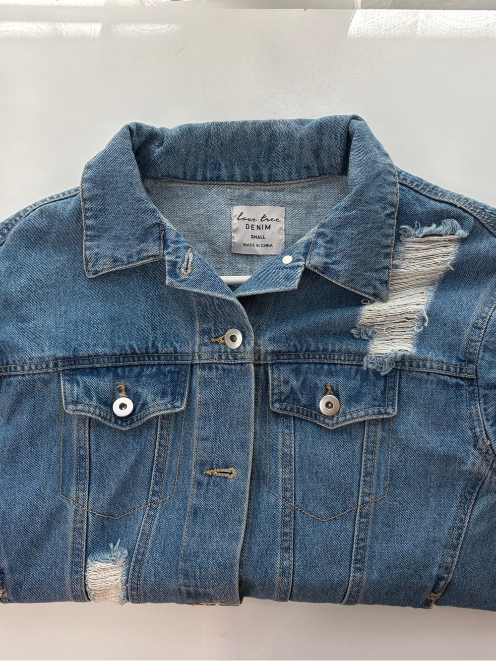Love Tree Blue Distressed Denim Jacket